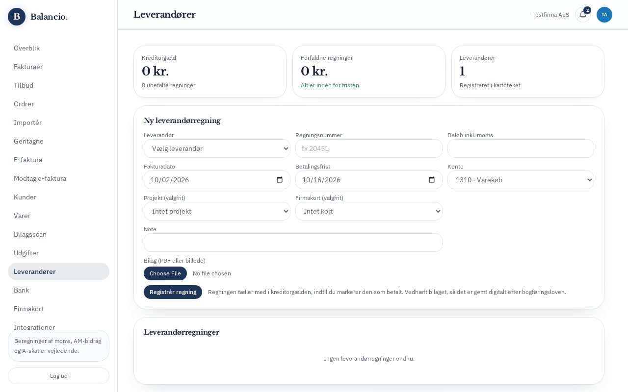 Skærmbillede: Leverandører